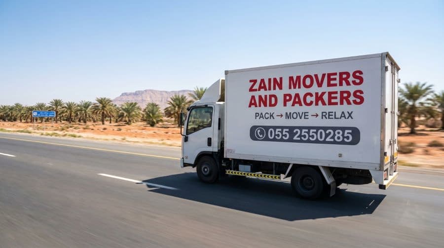 Zain Movers truck on the highway between Al Ain and Abu Dhabi