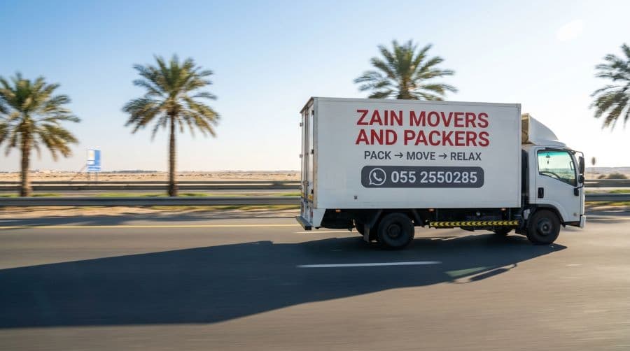 Zain Movers closed truck travelling the E11 highway between Dubai and Abu Dhabi