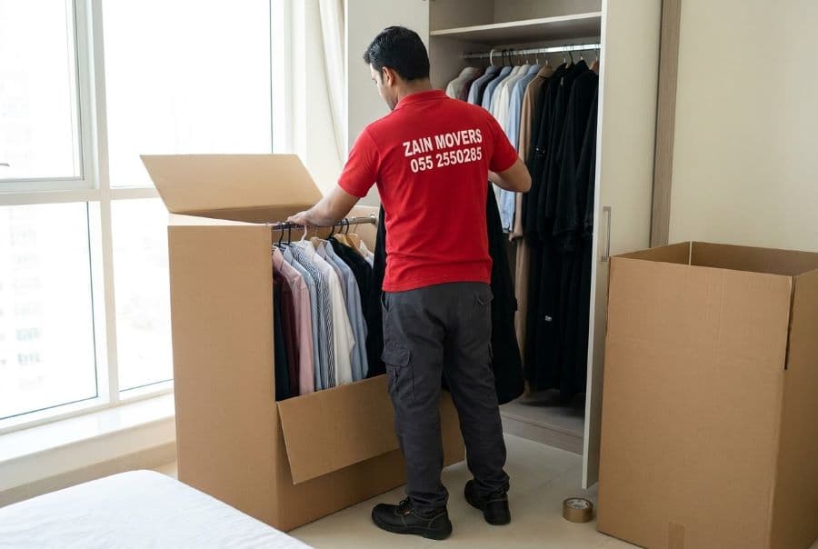 Wardrobe box with hanging rail being filled with clothes by Zain Movers in Dubai