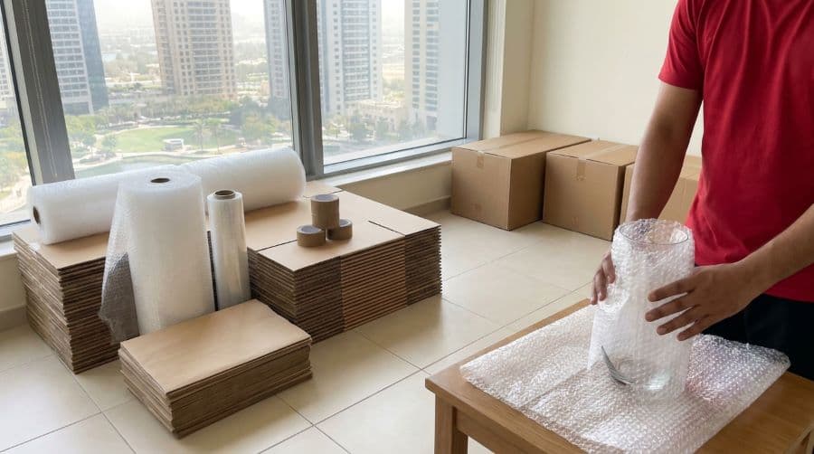Heavy-duty carton boxes and bubble wrap prepared for a JLT apartment move