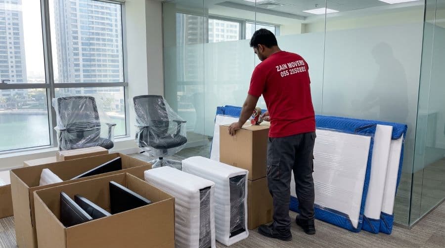 IT equipment and modular office furniture packed for a JLT office move