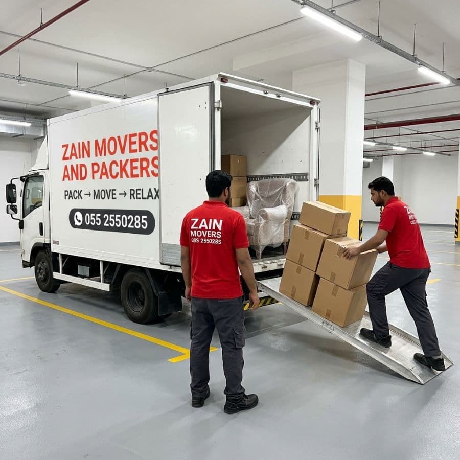 Zain Movers crew loading a moving truck in a JLT basement loading bay