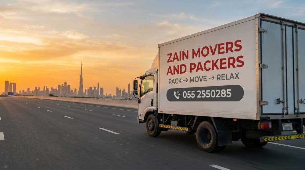 moving company truck in Dubai at sunset