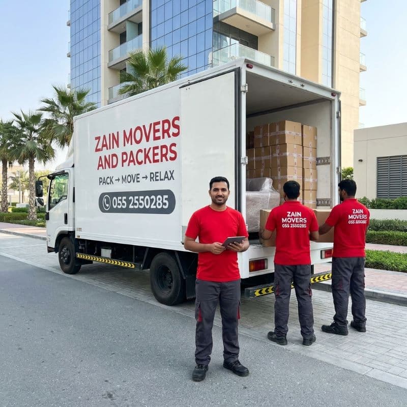 Zain Movers and Packers branded truck and uniformed crew in Dubai