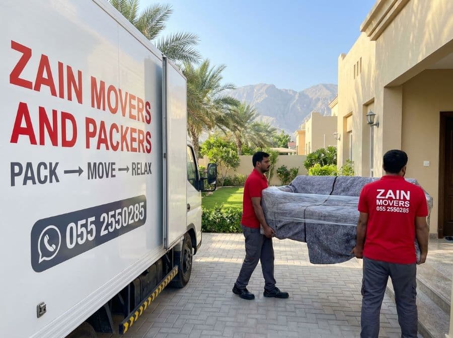 Zain Movers crew unloading wrapped furniture at a Ras Al Khaimah villa