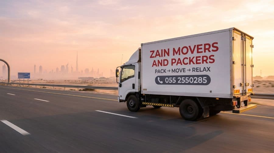 Zain Movers truck travelling between Sharjah and Dubai at sunrise