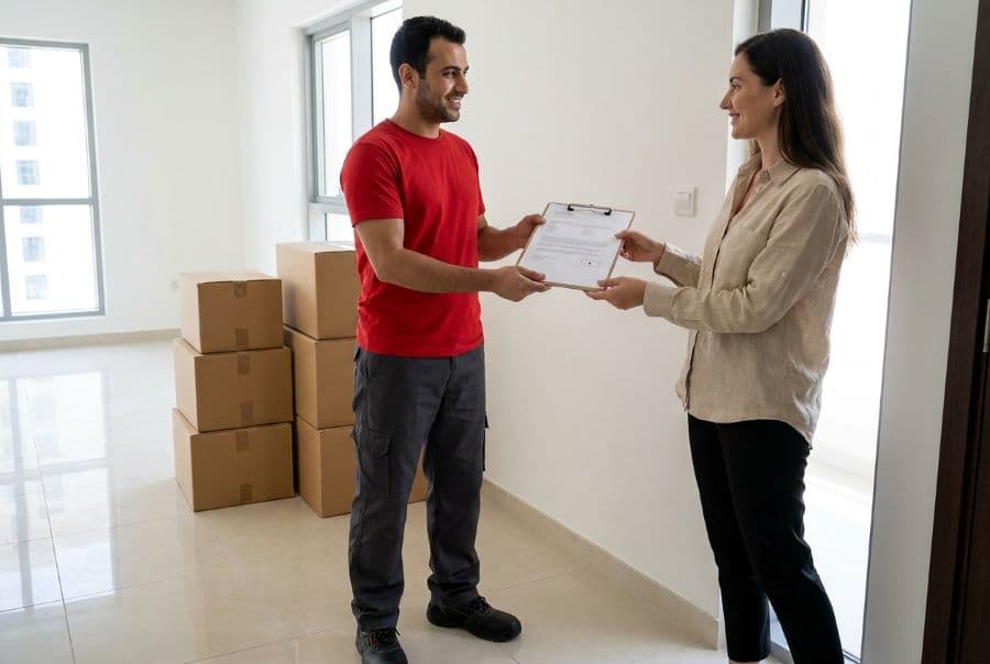 Zain Movers mover handing a written fixed-price quotation to a customer in Dubai