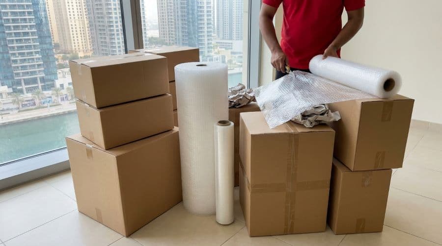 Heavy-duty carton boxes and bubble wrap prepared for a Marina apartment move