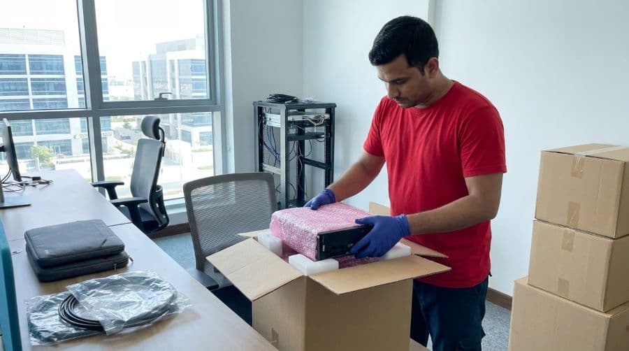 Servers and IT equipment packed for a Dubai Silicon Oasis office move