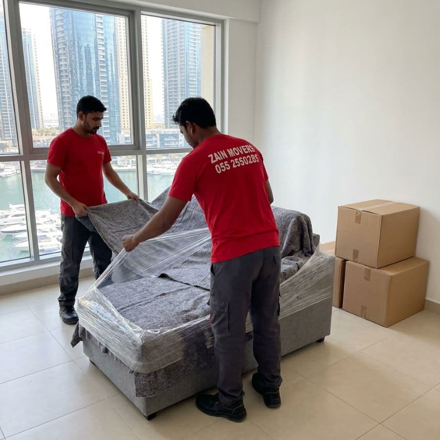 Zain Movers crew wrapping furniture inside a Dubai Marina apartment