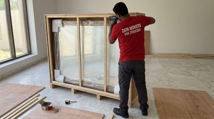 Custom crating built around a large mirror for a Palm Jumeirah move