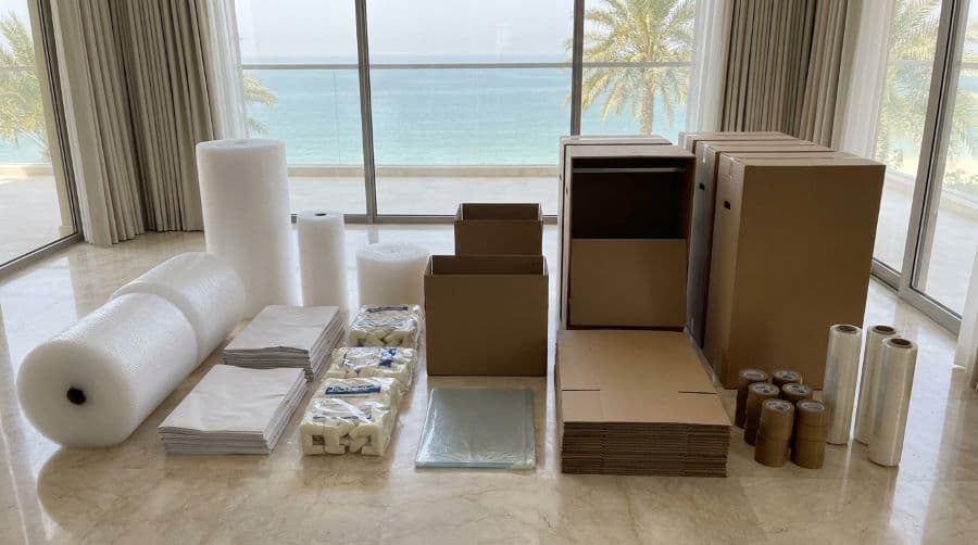 Premium packing materials laid out before a Palm Jumeirah villa move